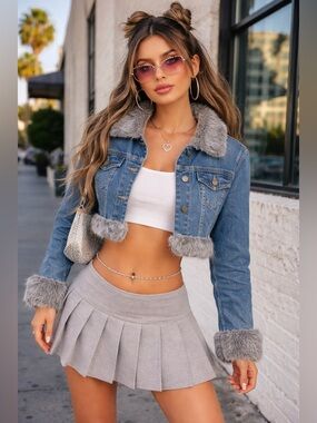 Americana Blues Vintage Y2K Cropped Denim Jacket Faux Fur Trim Sz L Festival